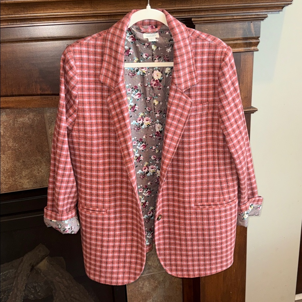 Sundance Lisa Blazer salmon pink rust plaid floral lining wool blend preppy M